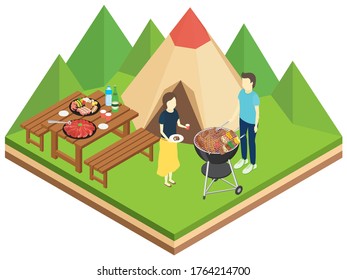 Men and women camping. Isometric illustration.