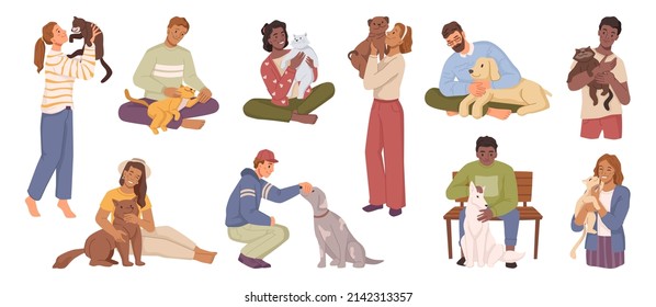 Men and women caring for pets, isolated male and female personage cuddling cats and dogs. Vector flat cartoon characters spending time with canine and feline animals, cheerful people