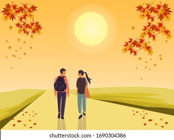 Men and women carrying bags on the way. maple autumn theme. Yellow sun and yellow sky background.