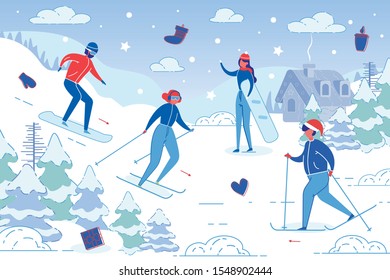 Men and Women Cartoon Characters performing Winter Outdoor Sport Activities. People in outerwear Skiing and Snowboarding on Snowy Mountain Resort Background. Trendy Flat vector illustration.