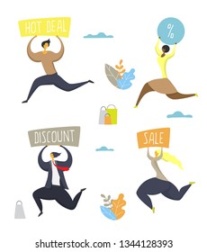 Men and women cartoon characters with promo signs. Vector flat illustration isolated on white background. People running with Hot deal, Discount, Sale banners in raised hands. Special offer promotion.