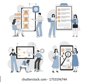 Men and women in casual clothes developing websites or mobile applications and having discussion vector cartoon outline illustration. People building applications for smartphones, creating web design.