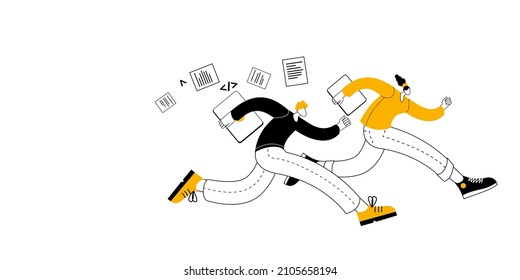 Men and women in casual clothes with laptops are running fast. The concept of a vector illustration on the topic of tardiness and time management.