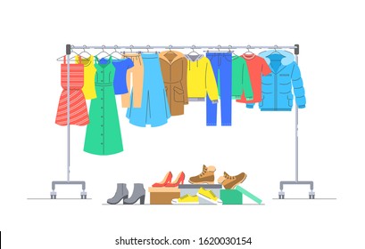 Men and women casual clothes on hanger rack. Boxes with shoes. Flat lines vector illustration. Male and female garments hanging on shop rolling display stand. Cloth donation. Seasonal sale concept