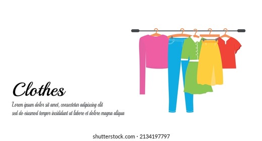 Men and women casual clothes on a hanger in store. New fashion collection. Clothes and accessories Fashion icon set. Seasonal sale concept. Vector illustration of a flat plane style. EPS 10.