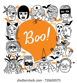 Men and women celebrate Halloween. People dressed in Halloween costumes. The inscription "Boo!"