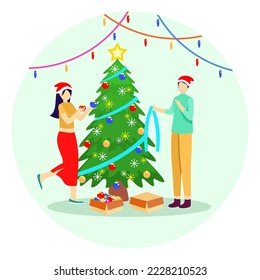 Men and women celebrating Christmas.Vector illustration of people decorating a Christmas tree with ball lights. christmas bells. flat illustration design