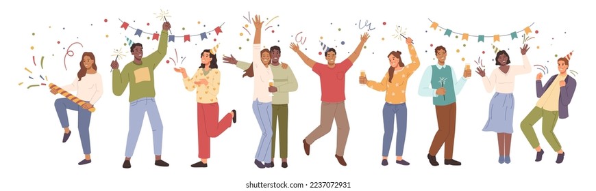 Hombres y mujeres celebrando juntos las fiestas, festejando, animando y bailando. La gente se comunica y se ríe. Caricatura plana, ilustración vectorial