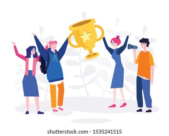 Men and women celebrating victory, Successful teamwork, people with champion cup, Vector illustration for web, mobile website, Happy positive team win a prize. 