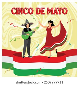 Homens e mulheres em comemoração ao Cinco de Mayo. Desfile tradicional de música e dança. Conceito Cinco de Mayo. Ilustração de vetor plano.