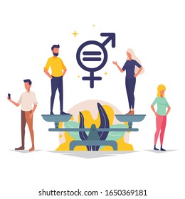 Men And Women Character On The Scales For Gender Equality Vector Illustration