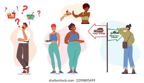 Personajes de hombres y mujeres que eligen entre opciones alimentarias saludables y no saludables, dilema de elección nutritiva, consecuencias negativas para la salud debido a comidas rápidas. Ilustración de vectores de personas de caricatura