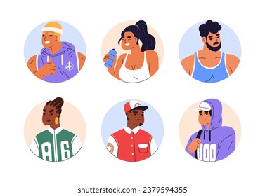 Men, women characters, circle avatars set. Happy young people, head portraits in sport style. Male and female athletes, trainers, user profiles. Flat vector illustrations isolated on white background