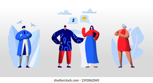 Men and Women Characters Communicating via Internet Using Gadgets. Social Media Networking, Chat Messages, People Search Friends Dating Mobile Application Web Graphics. Flat Vector Illustration