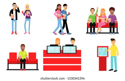 Men And Women Characters Going To The Movie With Friends Vector Illustration Set Isolated On White Background