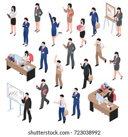 Men and women characters involved in business isometric set of people  figurines outdoor and in office isolated vector illustration  