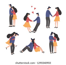 Men and women characters in love set. Man and woman hugging, holding hands. Happy romantic loving couple. Colorful vector illustration in flat cartoon style.