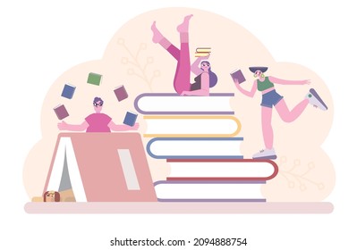 Men and women characters sitting on a pile of books, reading books. Flat colorful vector illustration. Education and hobby, selling books concept.