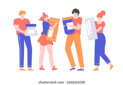 Men and women characters stand and hold tubes of medicines and vitamins. Health care, medication. Vector flat illustration.