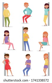 Men and Women Characters Standing Braced Against the Wall and Sitting in Different Poses Vector Illustrations Set