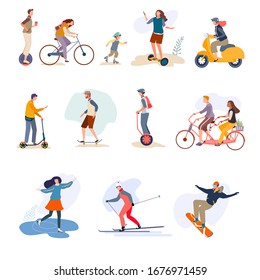 Men, women, child riding outdoor on character hand drawn vector illustration isolated on white. People ride on bikes, scooter, segway, unicycle in summer, skiing, skates, snowboarding in winter.