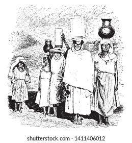 Men, women and children carrying vases on their heads, vintage line drawing or engraving illustration