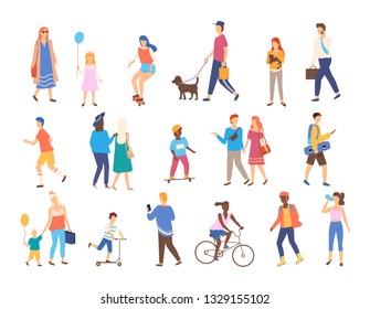 Men and women with children outside, outdoor activities vector. Walking and skateboarding, chracters with pets and businessman, riding bicycle and scooter