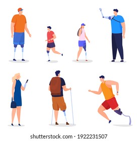 Men, women, and children with prosthetic arms and legs. Disabled people live a full life, run, go hiking. humans with missing limbs. Colorful vector illustration in flat cartoon
