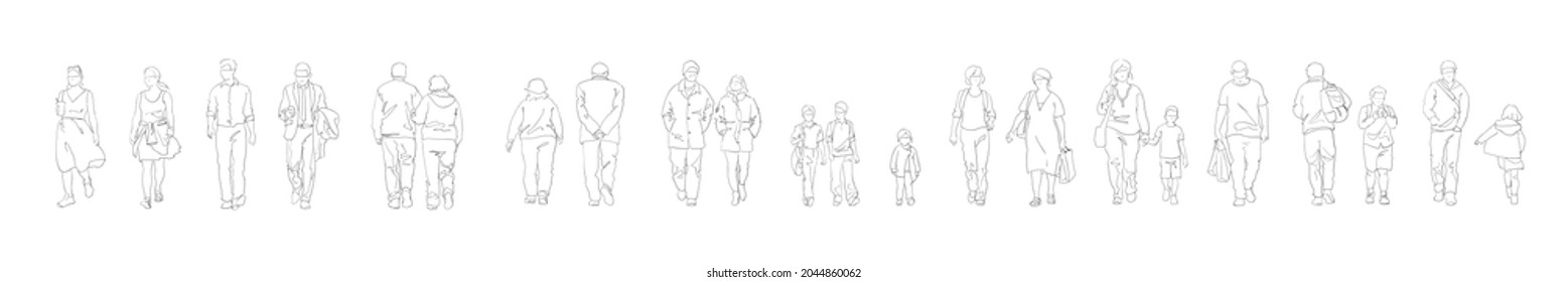 Men women and children walking. Vector of pedestrian view from the front and back. 