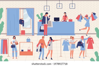 Men and women choosing and buying garments at clothing store flat vector illustration