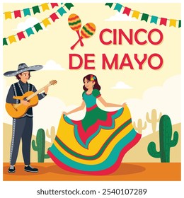 Hombres y mujeres en el desfile del Cinco de Mayo. Los hombres con sombreros tocan la guitarra y las mujeres bailan con ropa tradicional. Concepto Cinco de Mayo. Ilustración vectorial plana.