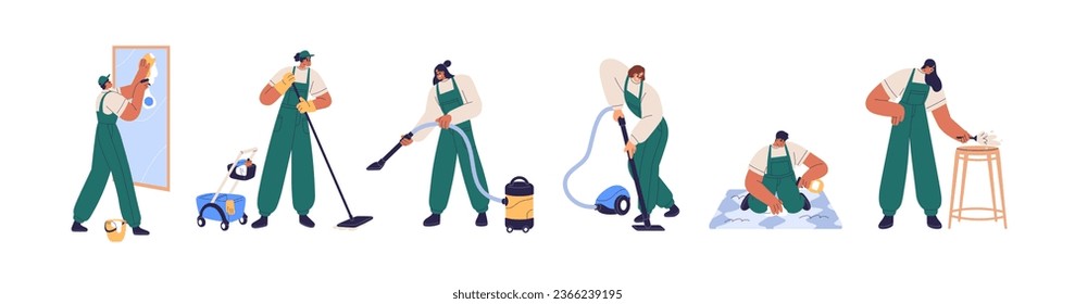 Men and women from cleaning service. Professionals doing cleanup with vacuum cleaner, mop, detergent, washing tools, clean appliances. Flat graphic vector illustrations isolated on white background