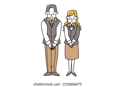 Men and women of a clerk at a consumer electronics retail store who bows, a comical handwritten person, a vector, and simple coloring of line drawings.