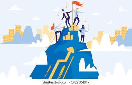 Men and Women Climb Top of Mountain. Successful Businessmen Teamwork. From Poverty to Wealth. Achive Goal. Vector Illustration. Way to Victory. Earn Money. Financial Stability. Business Plan.