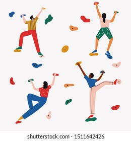 Men and women climbing the rock inside a building. Concept of goal achievement. Flat vector illustration