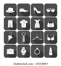 Men and women clothes accessories icons of glasses briefcase clock and lipstick vector illustration