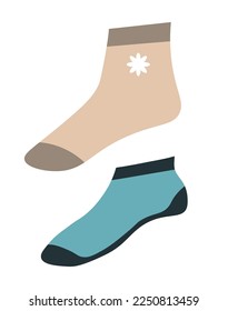 Men and women clothes, ankle length socks with floral decor. Apparel parts and accessories for outfit, fashion shop store. Piece of clothing, fashion and design collection. Vector in flat style