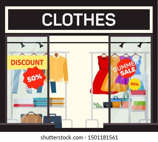 Men and women clothes sale banner vector template. Low price offer, 50 percent off discount. Garments wholesale advertising poster layout. Apparel store front flat illustration with typography