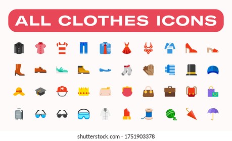 Men and women clothes vector icon set. Isolated all clothes, apparels, wears and accessories cartoon, flat style illustrations collection svg