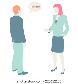 Hombres y mujeres Comunicados, diseño plano, colores pastel
