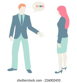 Hombres y mujeres Comunicados, diseño plano, colores pastel
