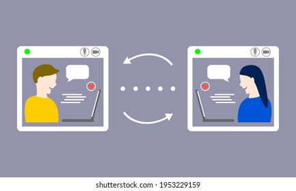 Men and women communicate with video calling through computers flat vector.