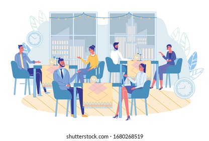 Men and Women Communicating on Speed Dating at Cafe. Couples Sitting at Tables with Clock Alarm Timer. Conversation on Quick Dates. People Searching Soul Mates on Meeting. Vector Illustration