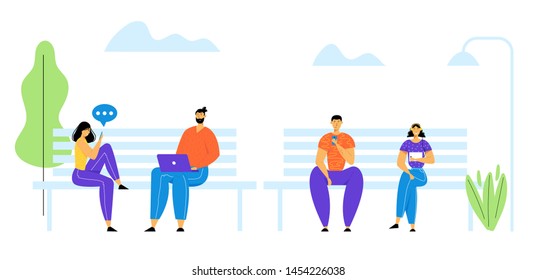 Men and Women Communicating Online with Mobile Devices. Young People Characters Chatting in Social Networks. Tablet, Laptop, Smartphones. Social Media Networking. Cartoon Flat Vector Illustration.