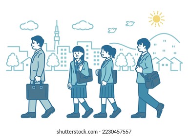 Men and women commuting to work or school