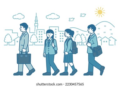 Men and women commuting to work or school