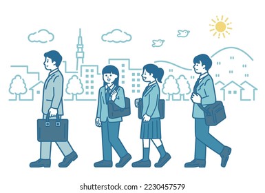 Men and women commuting to work or school