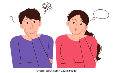 Men and women contemplating which choice to make. Curious person concept vector illustration.