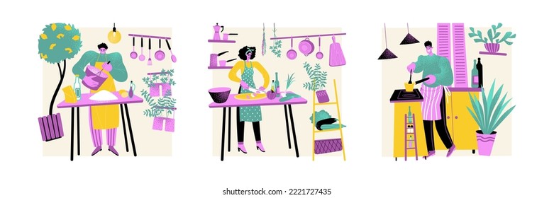 Men and women cook in cozy kitchens. Set of vector lifestyle illustrations of home cooking in flat style