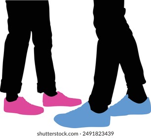 A Men and women Couple in blue and pink color Stylish Shoes. half angle vector design. transparent background.